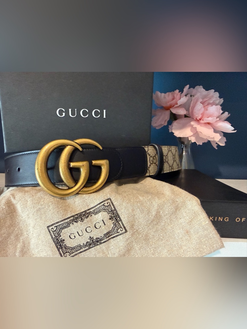 Gucci Beige GG Canvas Belt with Black Leather Trim and Gold Double G Buckle